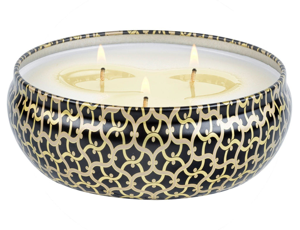 Voluspa Suede Noir 3-Wick Tin Candle open