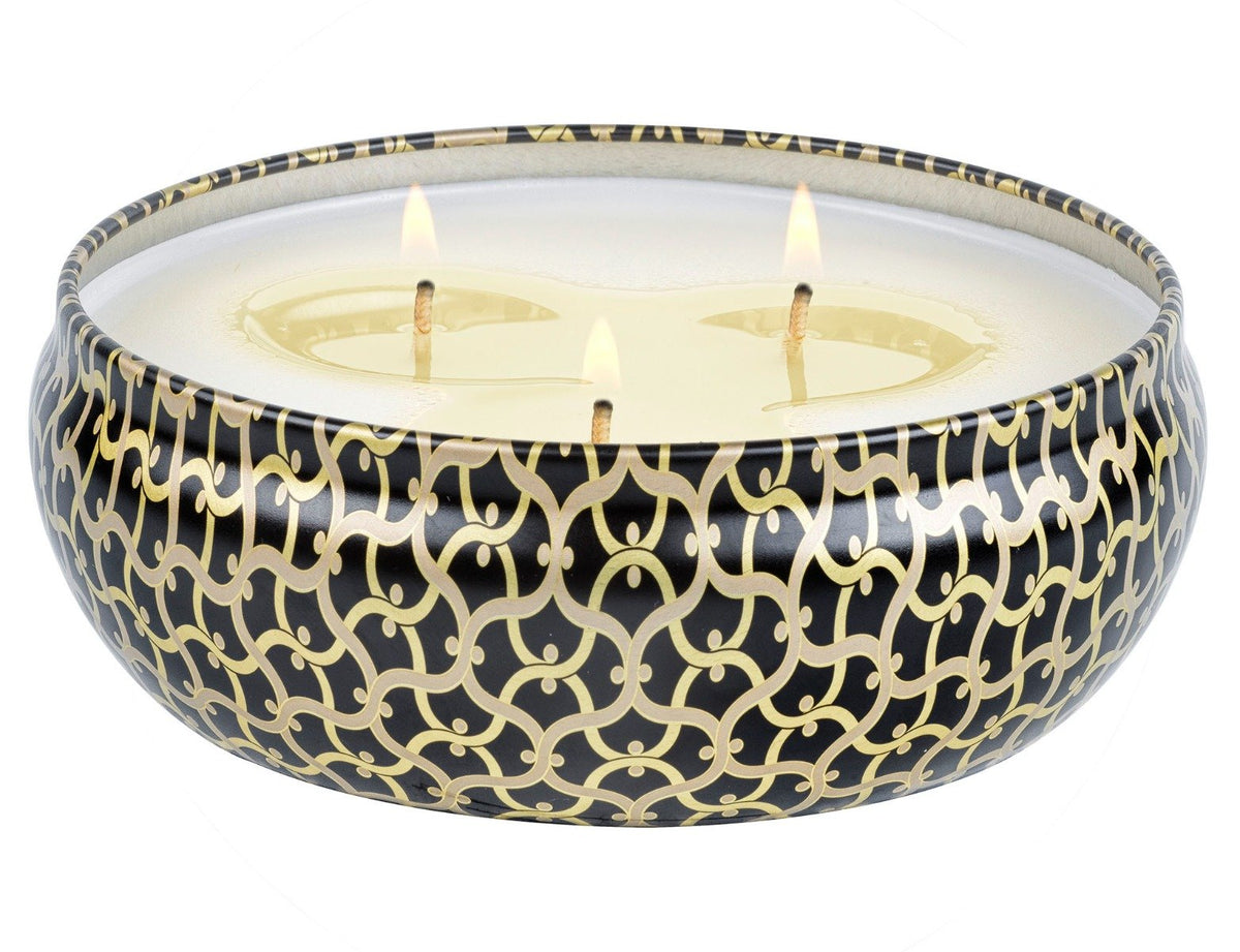 Voluspa Suede Noir 3-Wick Tin Candle open