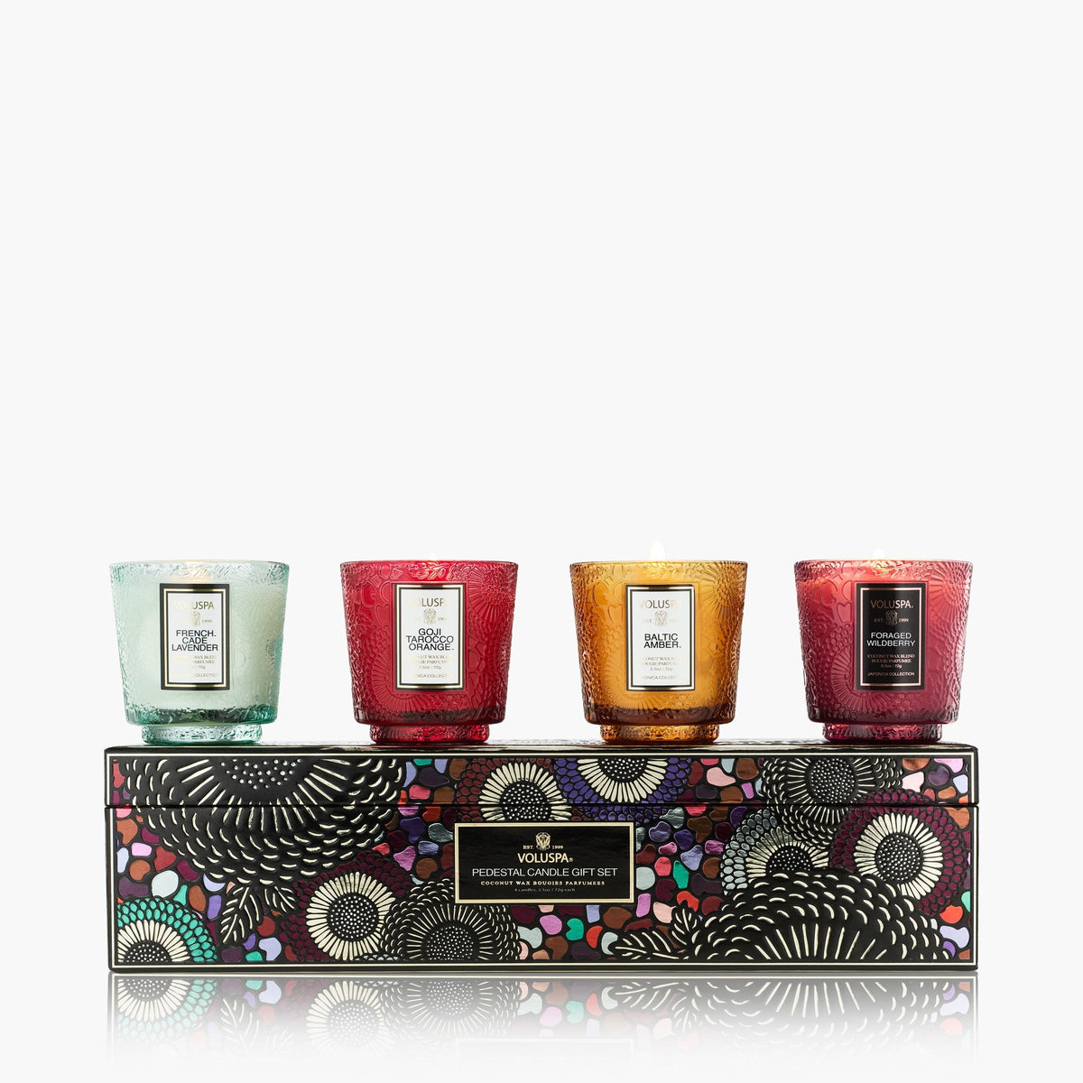 Voluspa Japonica Best Sellers 2.5oz Pedestal Set (Goji, Baltic, French Cade, Foraged Wildberry)