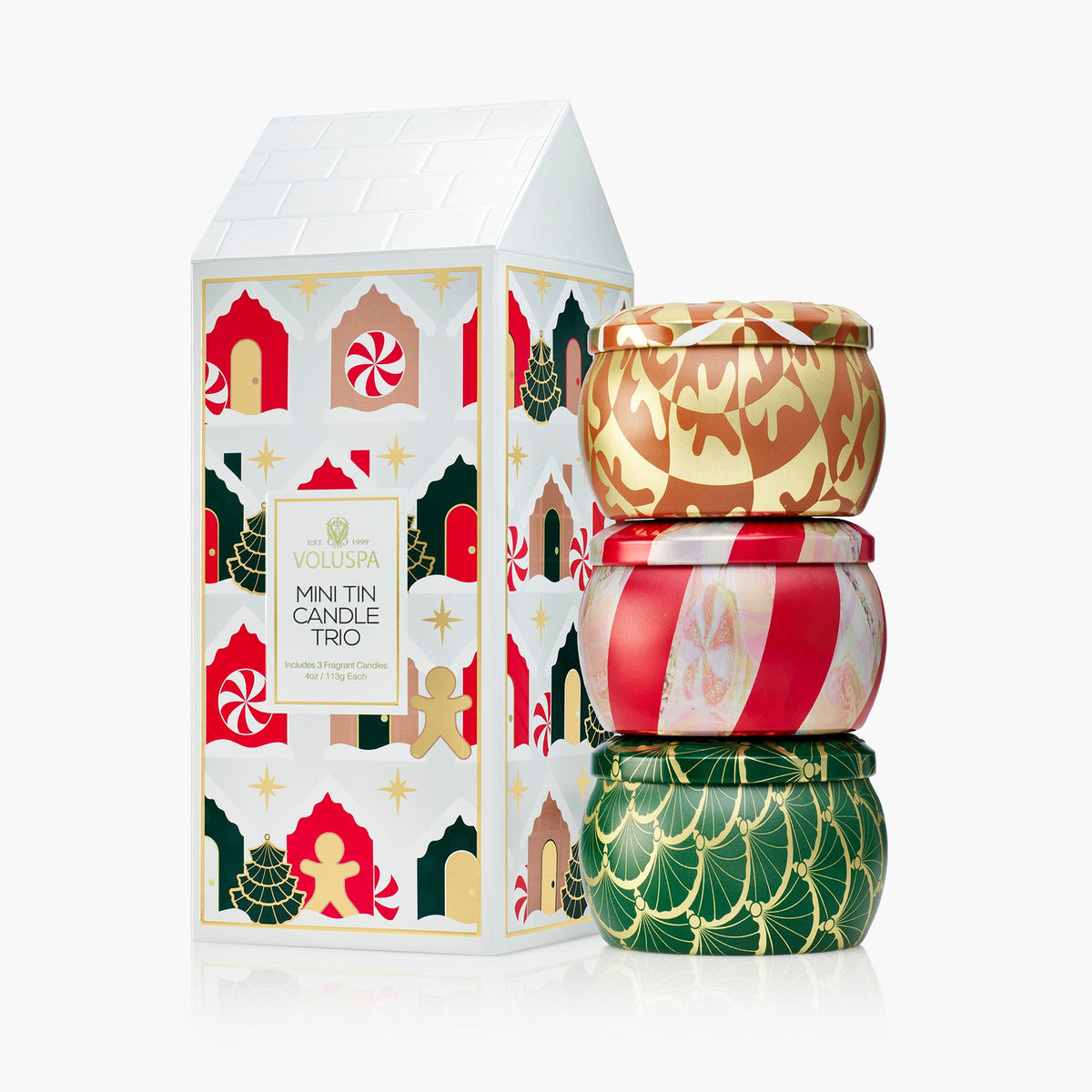Voluspa Holiday Mini Tin Trio (Crushed Candy Cane, Noble Fir Garland, Gingerbread Chalet)