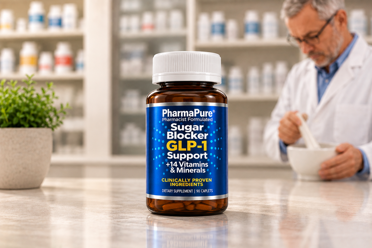 PharmaPure Sugar Blocker GLP-1 Support supplement bottle, 90 caplets