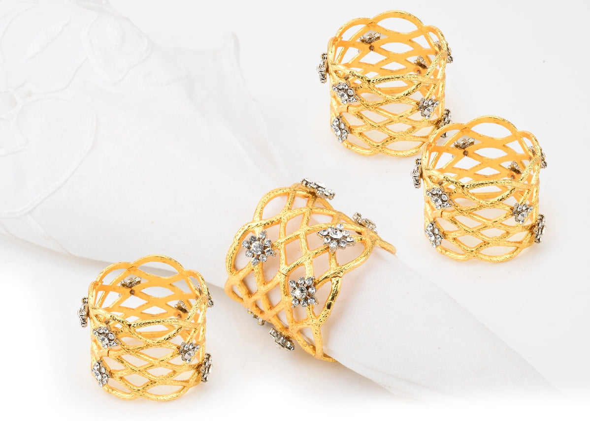 Set of 4 Napkin Rings Jeweled - Gold