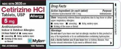 CETIRIZINE 5MG TABLET 100CT MYLAN*