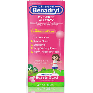 Benadryl Children's Dye-Free Allergy Liquid, Bubble Gum 4 oz