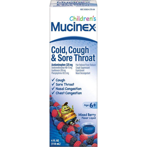 Mucinex Children's Cold, Cough and Sore Throat Liquid Medicine, Mixed Berry, 4 oz