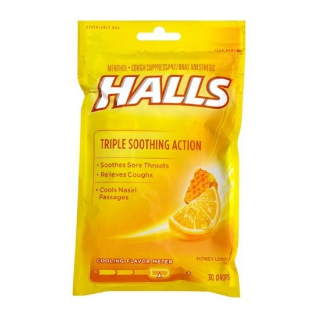 Halls Triple Soothing Action Cough Drops, Honey Lemon 30 Each