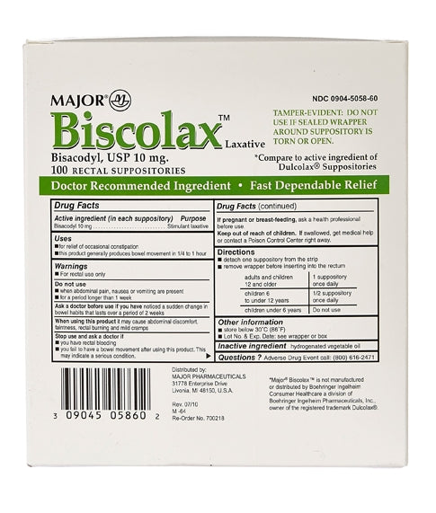 Major Biscolax Laxative Bisacodyl, USP 10 Mg 12 Suppositories – Olympia  Plaza Gifts