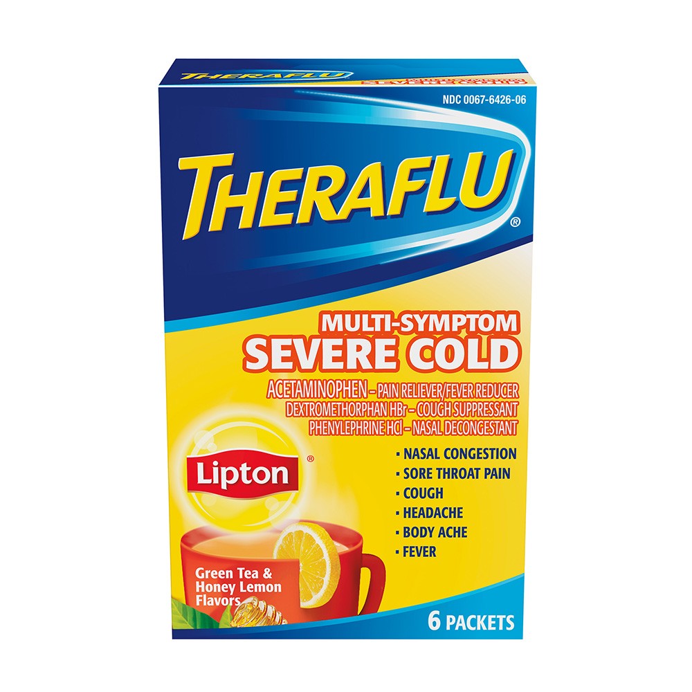 Theraflu Multi-Symptom Severe Cold with Lipton Green Tea & Honey Lemon Flavors, 6 Pack